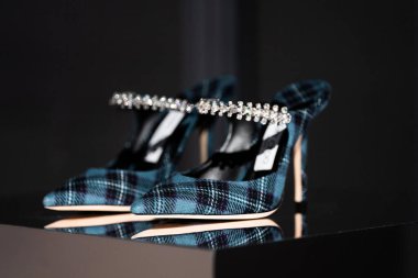 Milan, İtalya - 25 Şubat 2023: Jimmy Choo yüksek topuklu ayakkabılar podyum vitrininde, kadın aksesuarlar mağazada.