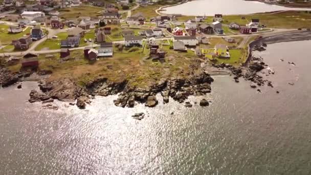 Εναέρια Πολύχρωμα Newfoundland Σπίτια Κινηματογραφική Θέα Βραχώδεις Ακτές Του Ατλαντικού — Αρχείο Βίντεο