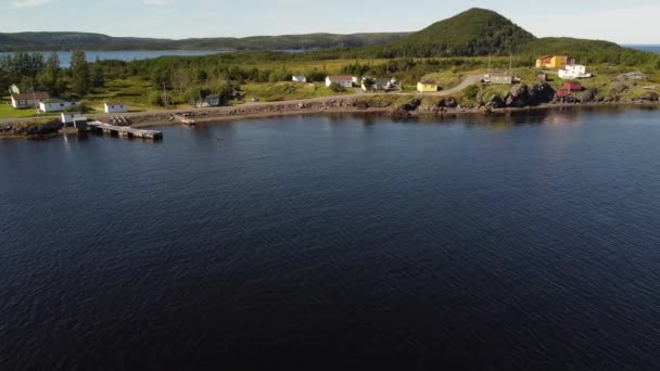 Aerial Newfoundland Oraș Coastă Summerville Case Plajă Colorate Docuri Barca — Videoclip de stoc