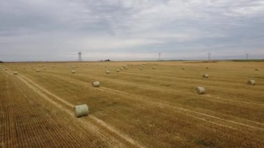 Aerial round hay bales tracking shot over a harvested field with distant power pylons in Rocky View County Alberta Canada.