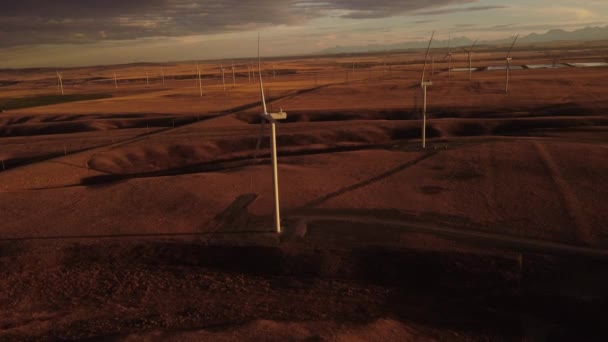 Aerial Windmills Producing Sustainable Energy Rolling Hills Sunset Distant Canadian — Vídeo de stock