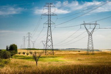 Calgary yakınlarındaki Alberta kırsalındaki doğal çayır ve çayırlara bakan yüksek çelik kulelerden sarkan elektrik hatları.