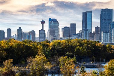 Sonbaharda Alberta Kanada 'da popüler şehir simgelerine ve Bow River' a tepeden bakan Calgary silueti..