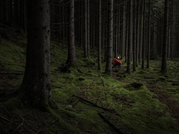 Man Headlamp Sitting Dark Forest — Stock Photo, Image