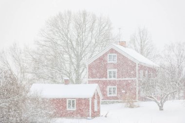 Kırmızı evlerin önünde kar yağışı
