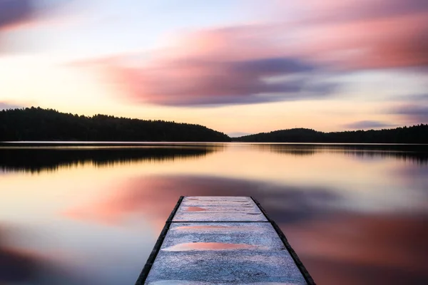 Jetty Dans Lac Lever Soleil Gothenburg Suède — Photo