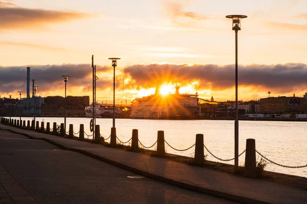 Gothenburg Szwecja Październik 2019 Wschód Słońca Statkiem Porcie — Zdjęcie stockowe