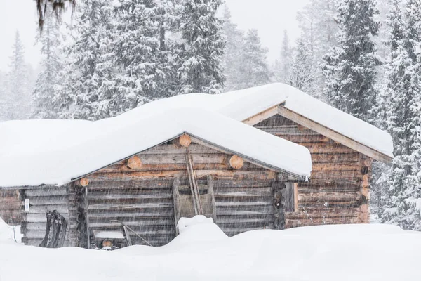 Wooden barn buildings in winter landscape