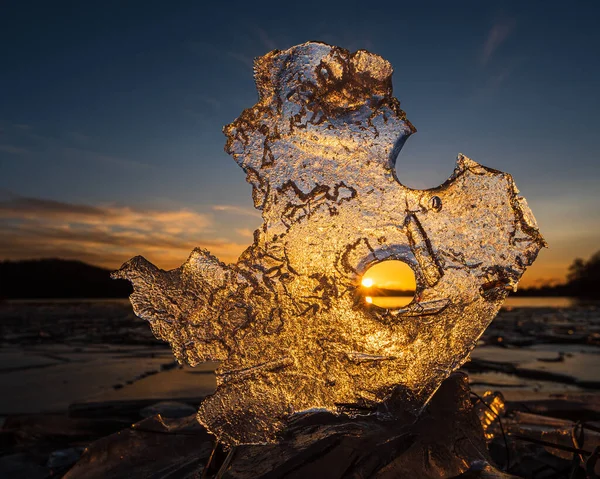 Формування Льоду Береговій Лінії Заході Сонця — стокове фото