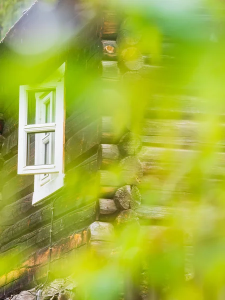 一座古老的 木制的挪威建筑 外部装饰着敞开的黄窗和绿叶 — 图库照片