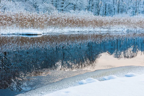 Μια Γαλήνια Χειμωνιάτικη Σκηνή Ενός Χιονισμένου Ποταμού Που Αντανακλά Παγωμένα — Φωτογραφία Αρχείου