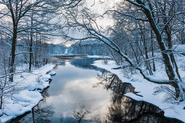 Uma Paisagem Tranquila Inverno Rio Que Reflete Árvores Nuas Suécia — Fotografia de Stock