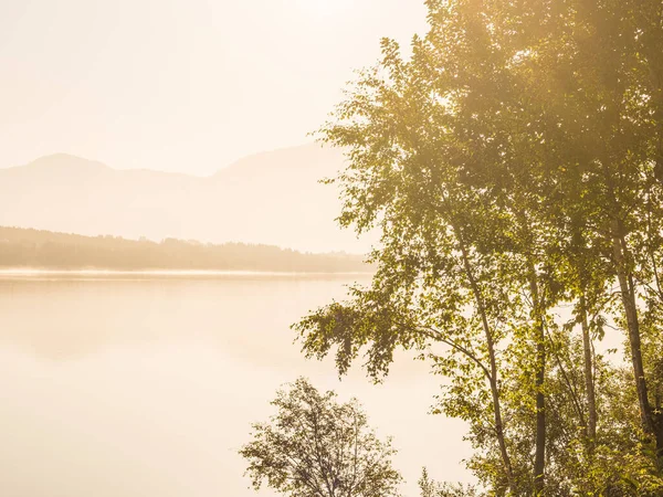 Lac Serein Entouré Montagnes Majestueuses Arbres Luxuriants Une Brume Apaisante — Photo