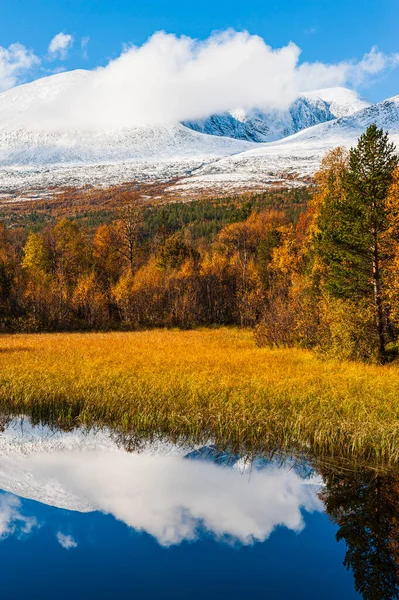 Cores Outono Além Pequeno Lago Frente Montanhas Cobertas Neve — Fotografia de Stock