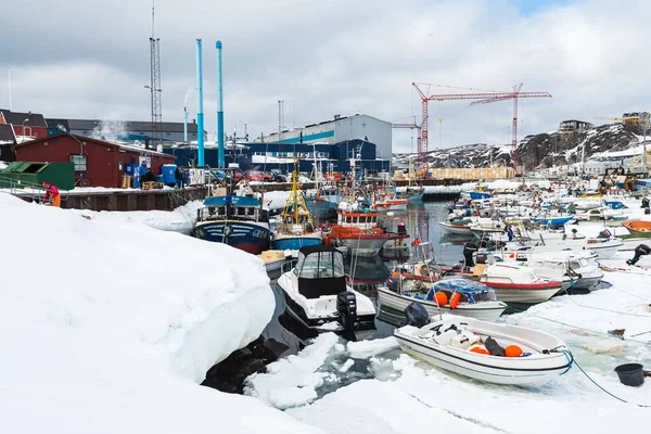 Illulissat Greenland April 2014 Fishing Boats Moored Snowy Harbour — Stock Photo, Image