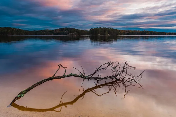 Spokojna Poranna Scena Spokojnego Jeziora Odzwierciedlająca Piękno Jego Naturalnego Środowiska — Zdjęcie stockowe