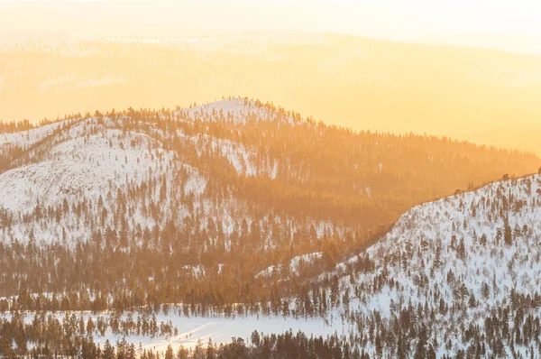 Norveç Sakin Kış Manzarası Karla Kaplı Ağaçlar Dağlar Sakin Günbatımı — Stok fotoğraf