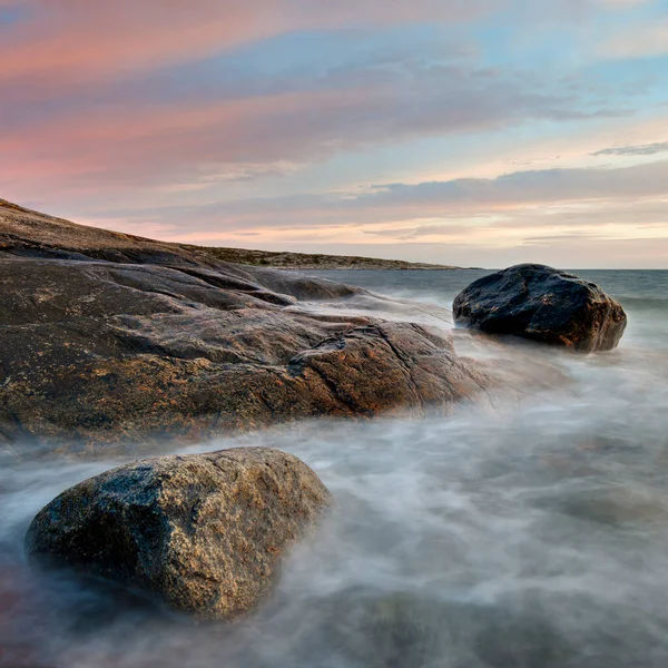 Crépuscule Sur Les Rochers Vallda Sand Naturreservat Halland Suède Europe — Photo