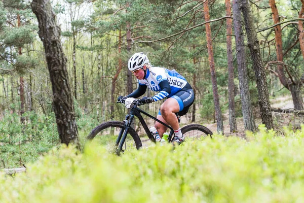 Stock image motion shot of woman mountain biking in the forest