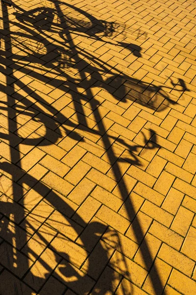 Fahrräder Mit Schatten Auf Der Straße Abgestellt — Stockfoto