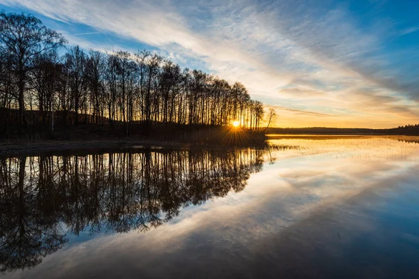 Sol Brilhando Através Árvores Lago Imóvel — Fotografia de Stock