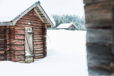 Eski ahşap bir ahır, sakin bir kış manzarasıyla çerçevelenmiş, karlı bir tarlada sessizce duruyor. Çevreleyen ağaçlar bu İsveç kırsal kesiminin huzurlu atmosferini artırıyor..