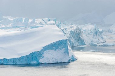 Ilulissat Icefjord 'da sisli havayla çevrili sakin bir denizden yükselen buz dağları. Görkemli manzara Grönland doğal harikalarının güzelliğini yansıtır..