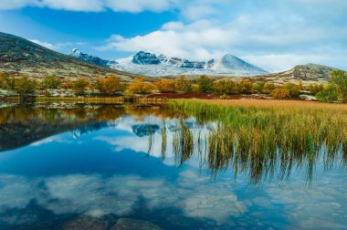 Rondane Ulusal Parkı 'nda sakin sular görkemli dağları ve renkli yaprakları yansıtır. Bakir doğa, Norveç 'in sonbaharda vahşi doğasının sükunetini ve güzelliğini sergiliyor..