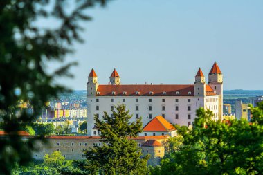 Slovakya 'daki Bratislava kalesi. Çatı manzarası, kuleler ve ağaçların arasındaki duvarlar. Bahar, yaz. Avrupa seyahatleri. Yeşil, mavi ve kırmızı doymuş renkler. Dinlenme, rahatlama ve huzur. 