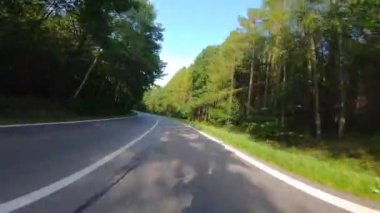 Sırayla asfalt üzerinde motosiklet sürerken. Birinci şahıs görüşü. Ormandan geçerken. Ağaçlar var. Bahar, yaz ya da sonbahar. Yeşil ve sarı renkler. 