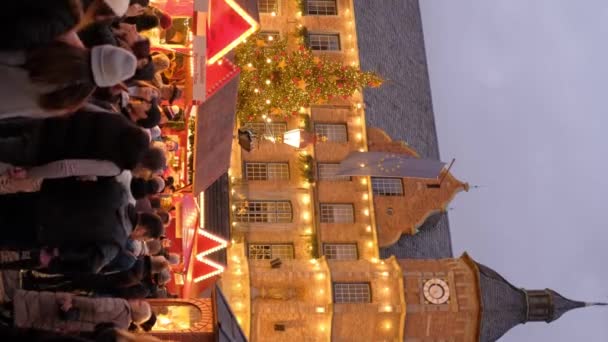 Kerstmarkt Veel Mensen Het Centrale Plein Van Stad Verlichting Kerstboom — Stockvideo