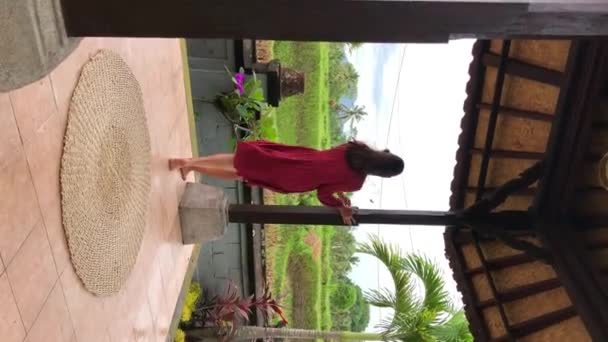 身穿红衣的年轻漂亮女子赤脚行走 在巴厘岛一座废弃的神庙里旋转着 有着绿色的手掌和高耸的田野背景 优质Fullhd垂直画面 — 图库视频影像