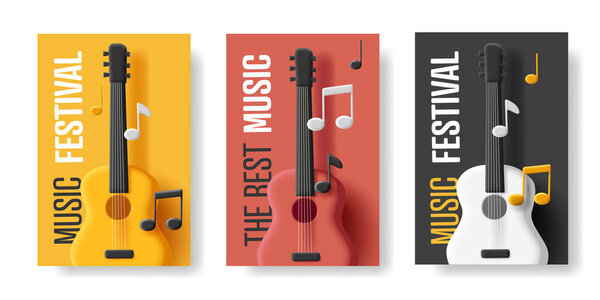 Music festival set of posters with 3d guitar with notes illustration, isolated template