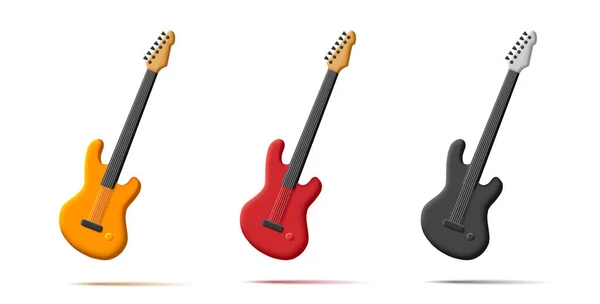 Conjunto Baixo Guitarra Três Cores Instrumento Musical Render Estilo Cartoon — Vetor de Stock