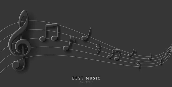 3D黒の音楽イラストとノートの波線 モノクロレンダリング — ストックベクタ