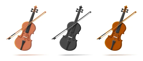 弓楽器ベクトル3Dイラスト 木製と黒 隔離されたバイオリンのセット — ストックベクタ