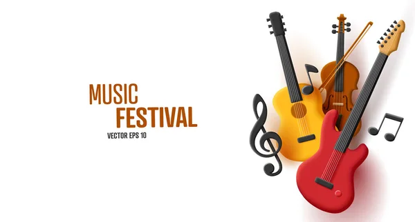 Festival Musicale Composizione Violino Chitarra Basso Con Chiave Note Elemento — Vettoriale Stock