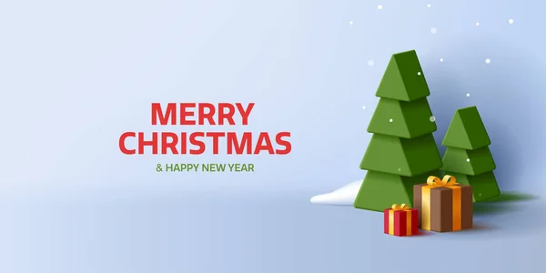 Merry Christmas Postcard Stylized Cristmas Tree Gift Boxes Snow Render - Stok Vektor