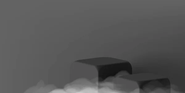 Cubes Carrés Noirs Piédestal Vide Avec Nuages Brouillard Scène Produit — Image vectorielle