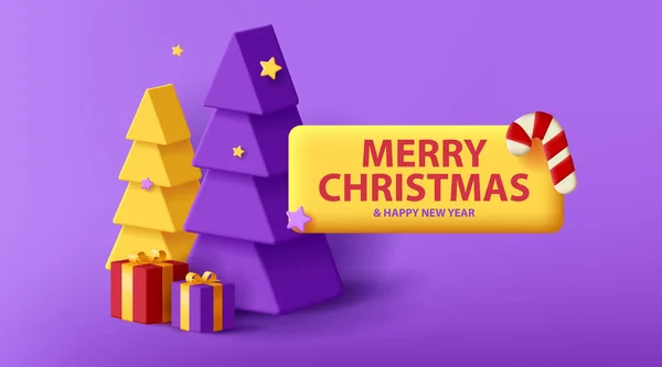 Merry Christmas Postcard Stylized Christmas Tree Gift Boxes Stars Lettering - Stok Vektor