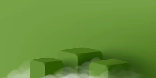 Cubes Carrés Verts Piédestal Vide Avec Nuages Brouillard Scène Produit — Image vectorielle