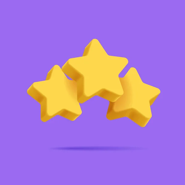 紫の背景に漫画の3Dスタイルで3つ星のアイコンをランク付け ベクトルイラストボリューム黄色の星現代 — ストックベクタ