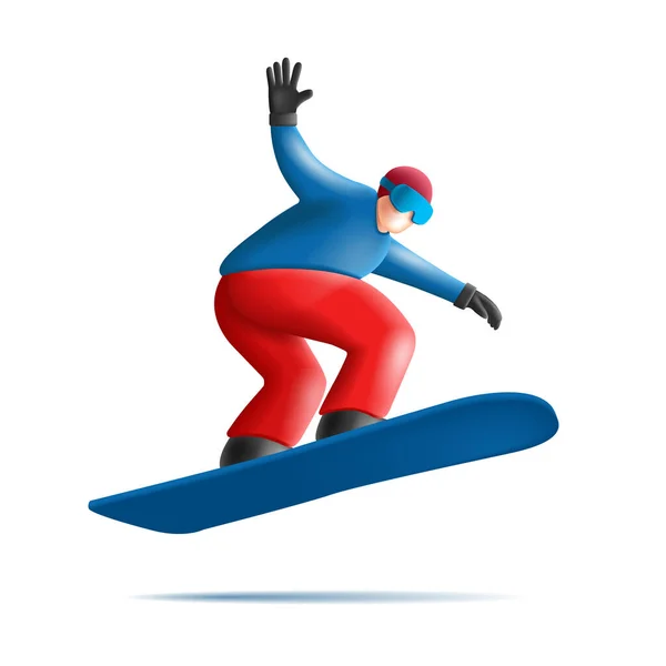 スノーボードジャンプレーススノーボーダー3Dレンダリング文字のイラストで青と赤の服 — ストックベクタ