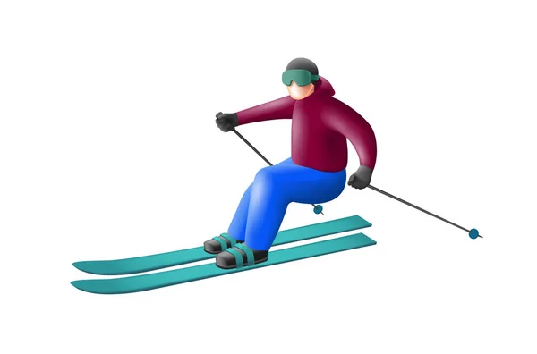 男性スキー3Dレンダリングイラスト 丸みを帯びた形状漫画スタイル スキースライド — ストックベクタ