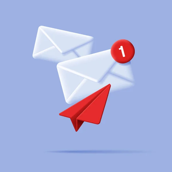 3D邮件信封和纸张平面以及通知消息红色圆圈 3D以红色和蓝色渲染构图 — 图库矢量图片