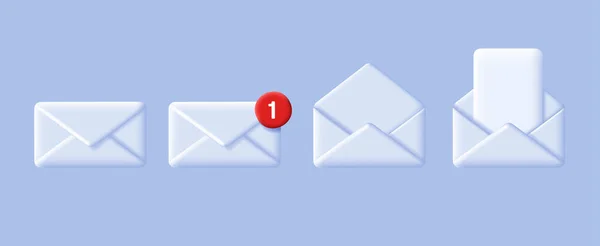 一组3D白色邮件信封 打开与文档 关闭与红点通知 收件箱图标 — 图库矢量图片