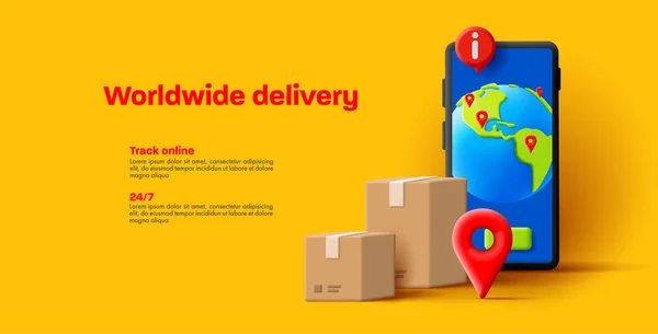 Parcel Delivery Carton Boxes Smartphone Globe Tracking Shipment Info Web - Stok Vektor