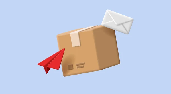 Vector Cardboard Box Icon Red Paper Plane Letter Envelope Post - Stok Vektor