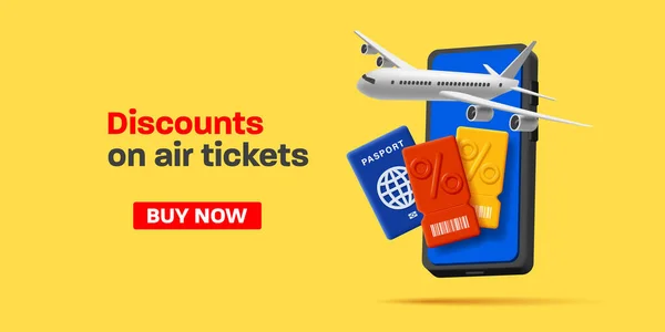 Airplane Tickets Discounts Banner Render Illustration Smartphone Passport Tickets Online - Stok Vektor