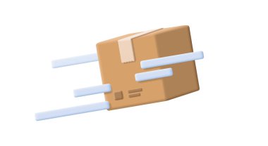 3D vector cardboard box icon flying fast in the air with speed tracks, isolated